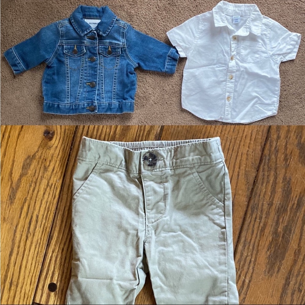 Old Navy 3-6 months: denim jacket, chinos, & white button up short-sleeve shirt